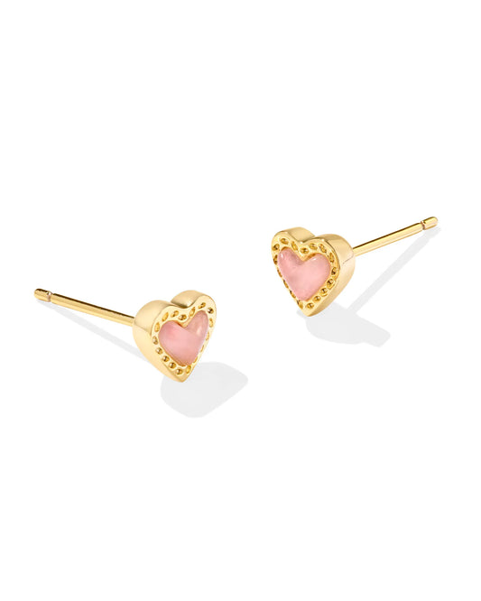 KENDRA SCOTT Mini Ari Heart Gold Stud Earrings in Rose Quartz