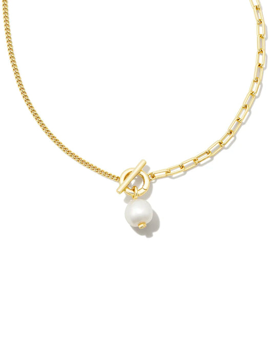 KENDRA SCOTT Leighton Convertible Gold Pearl Chain Necklace in White Pearl