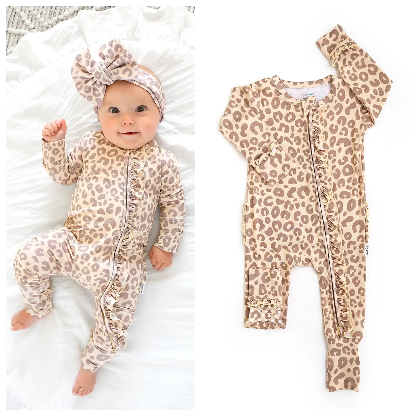 Gigi and Max Amari Leopard Ruffle Zip Bamboo One Piece Baby Outfit