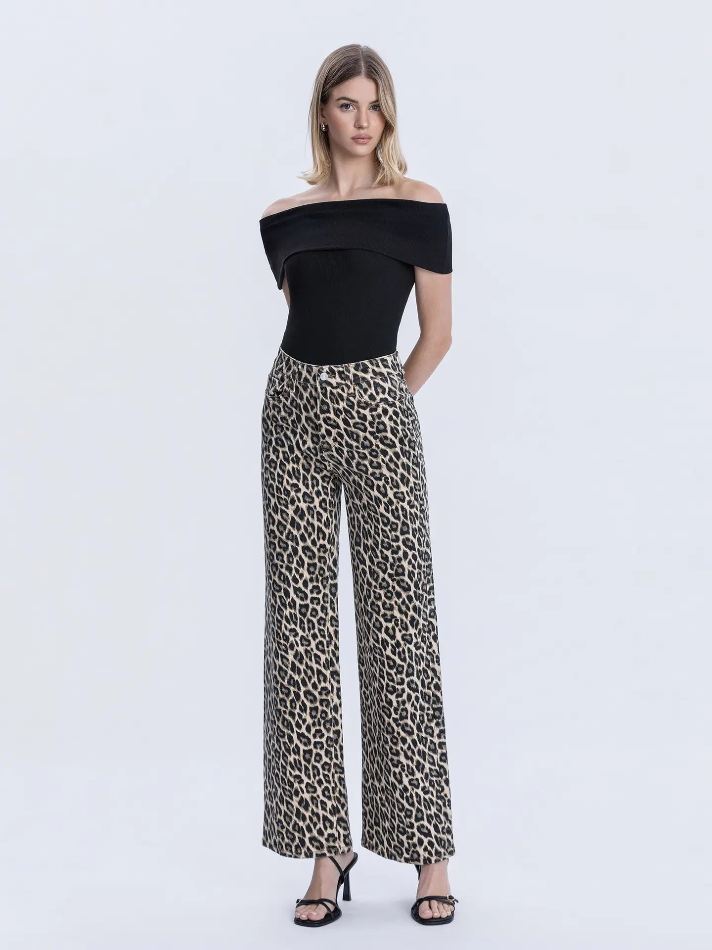 Lovervet by VERVET Super High Rise Leopard Print Wide Leg Jeans