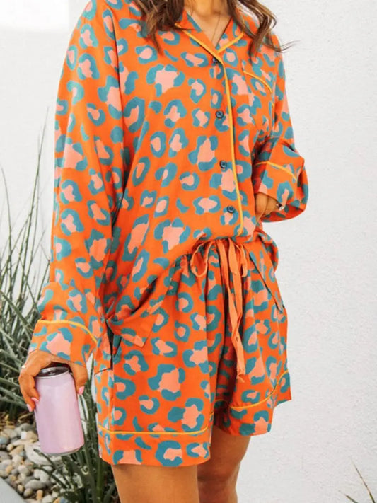 Leopard Print Long Sleeve Shirt and Shorts Pajama Set