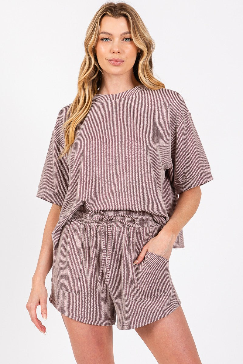 RIBBED ROUND NECK TOP AND SHORTS SET
