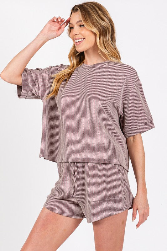 RIBBED ROUND NECK TOP AND SHORTS SET