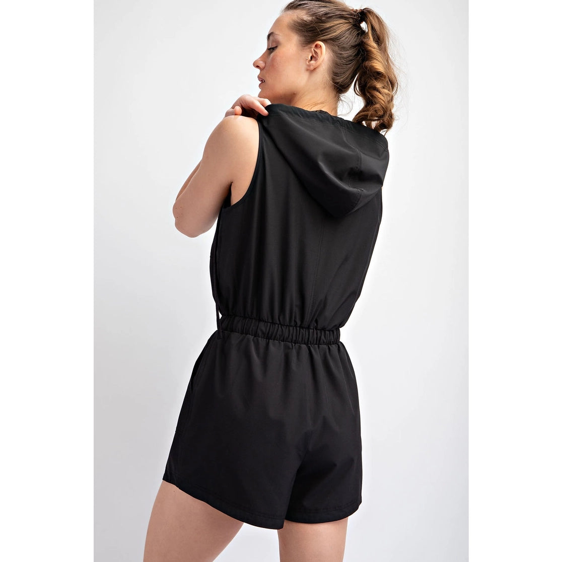 Heavy Poly Stretch Woven Sleeveless Hoodie Romper