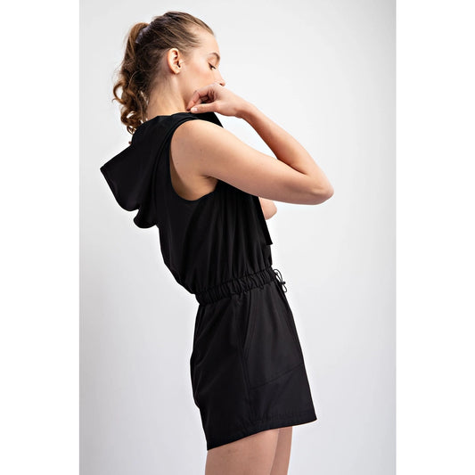 Heavy Poly Stretch Woven Sleeveless Hoodie Romper