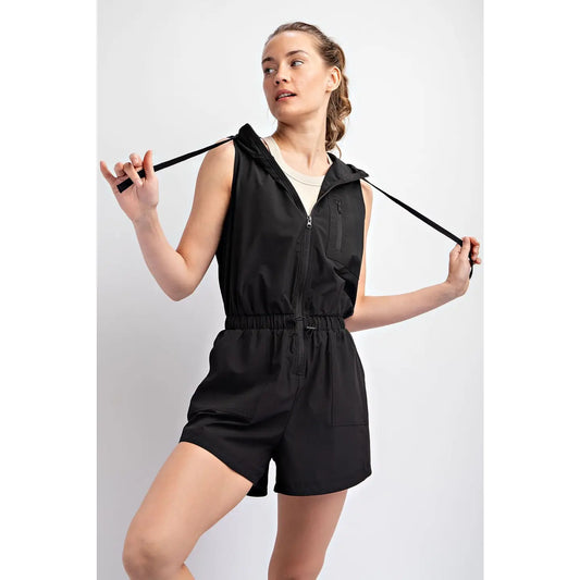 Heavy Poly Stretch Woven Sleeveless Hoodie Romper