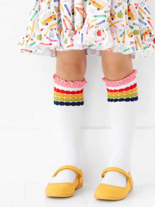 Little Stocking Co. Rainbow Bubble Stripe Lace Top Knee High Socks