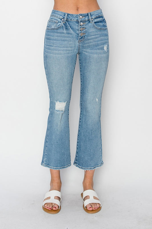 RISEN MID RISE BUTTON DOWN CROPPED FLARE JEANS