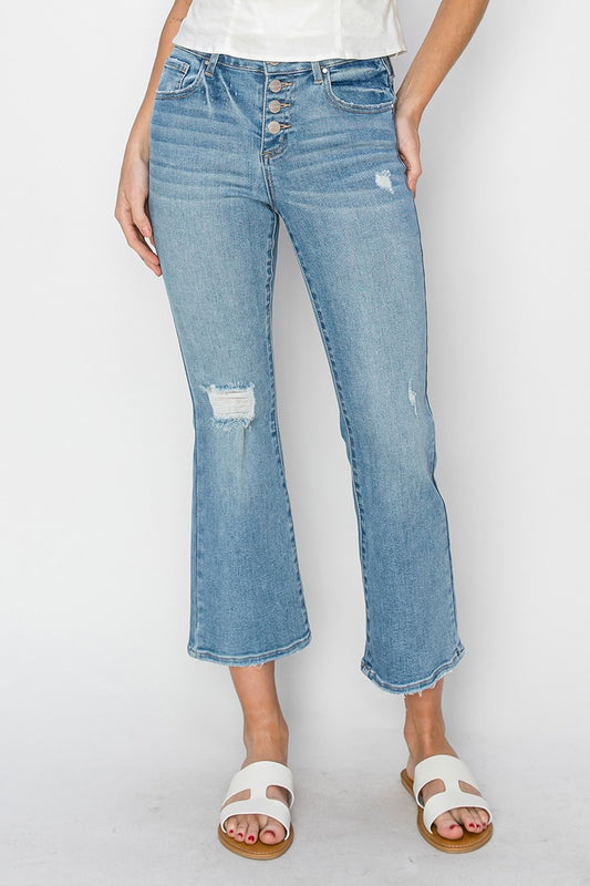 RISEN MID RISE BUTTON DOWN CROPPED FLARE JEANS