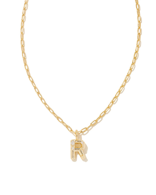 KENDRA SCOTT Crystal Letter R Gold Short Pendant Necklace in White Crystal