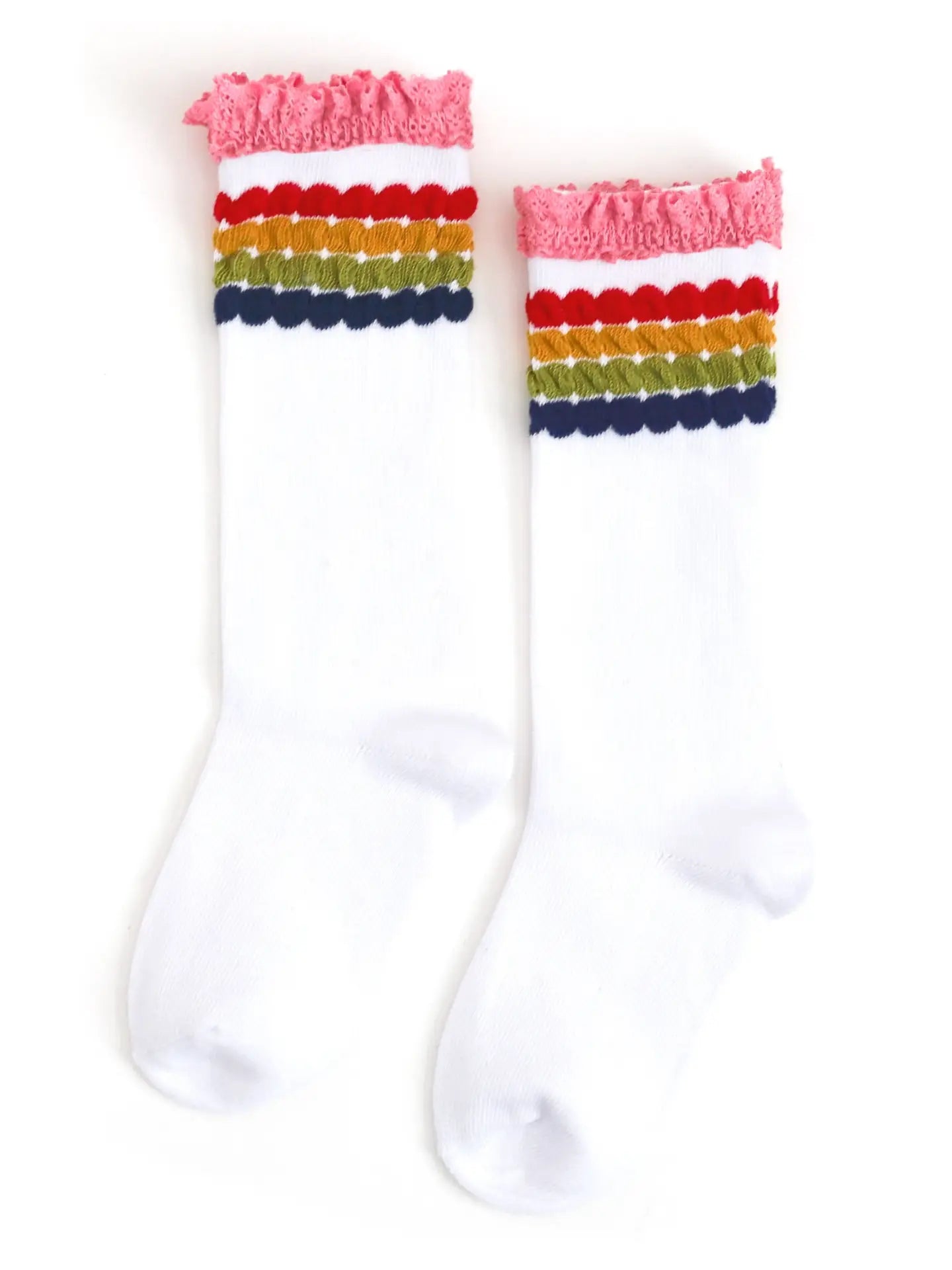 Little Stocking Co. Rainbow Bubble Stripe Lace Top Knee High Socks