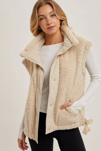 Button Down Mock Neck Fleece Sherpa Vest