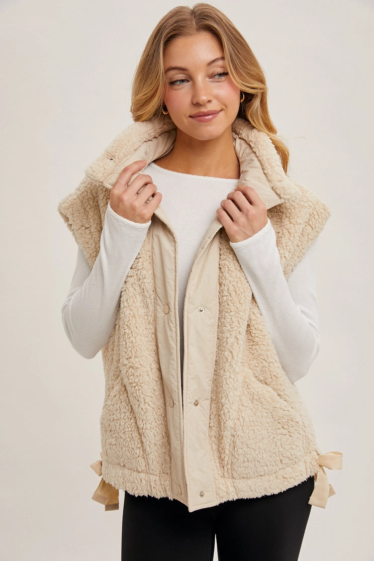 Button Down Mock Neck Fleece Sherpa Vest