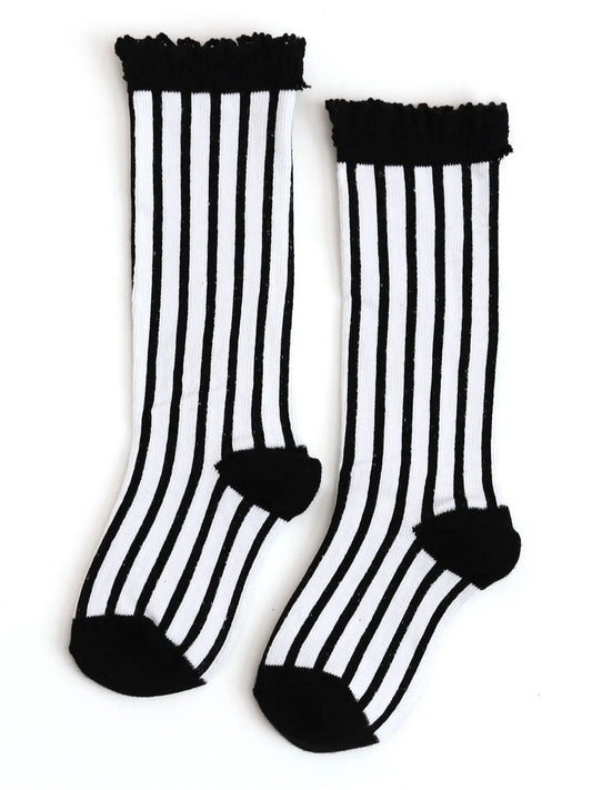 Little Stocking Co. Vertical Striped Lace Top Knee High Socks - Black/White