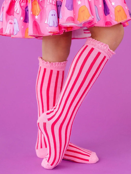 Little Stocking Co. Vertical Striped Lace Top Knee High Socks - Taffy Pink