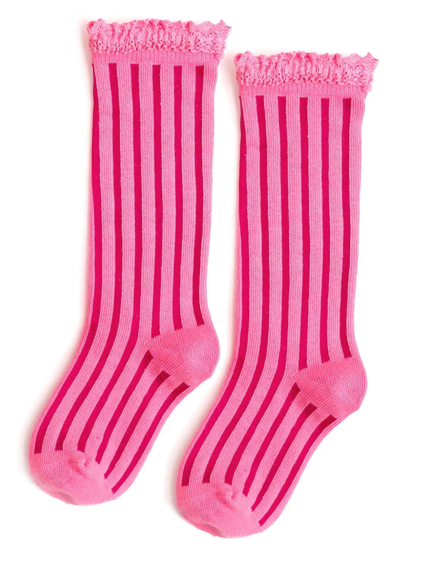 Little Stocking Co. Vertical Striped Lace Top Knee High Socks - Taffy Pink