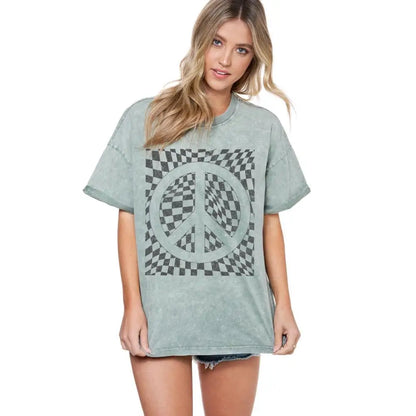 Checkered Peace Graphic S/S Mineral Washed Tee In Green