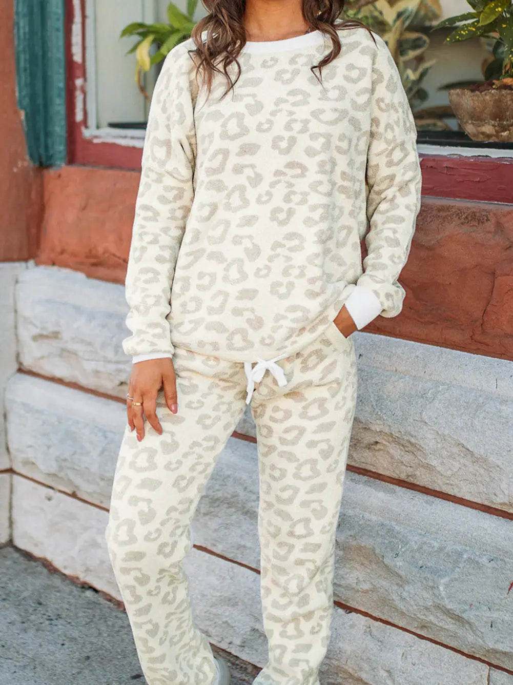 White Leopard Pullover and Drawstring Pants Lounge Set