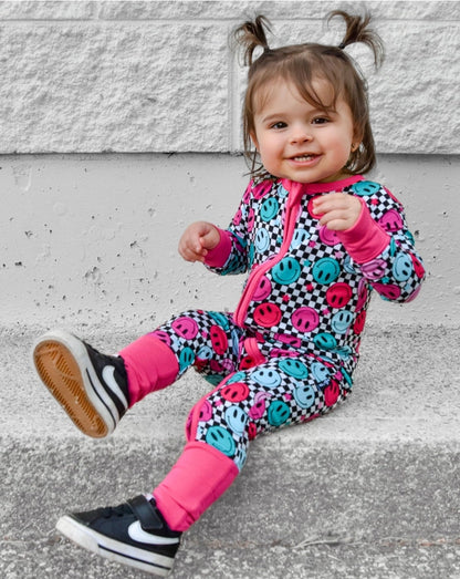 Zip Romper - Pink Check Smile