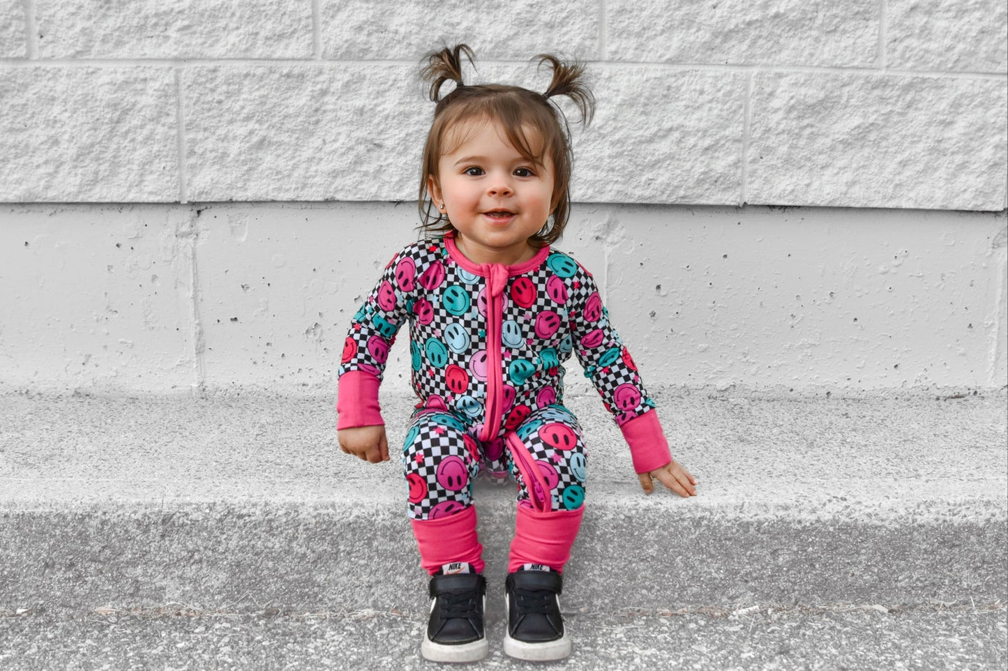 Zip Romper - Pink Check Smile