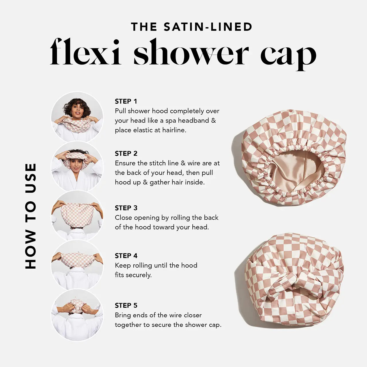 KITSCH Satin Lined Flexi Shower Cap - Terracotta Checker