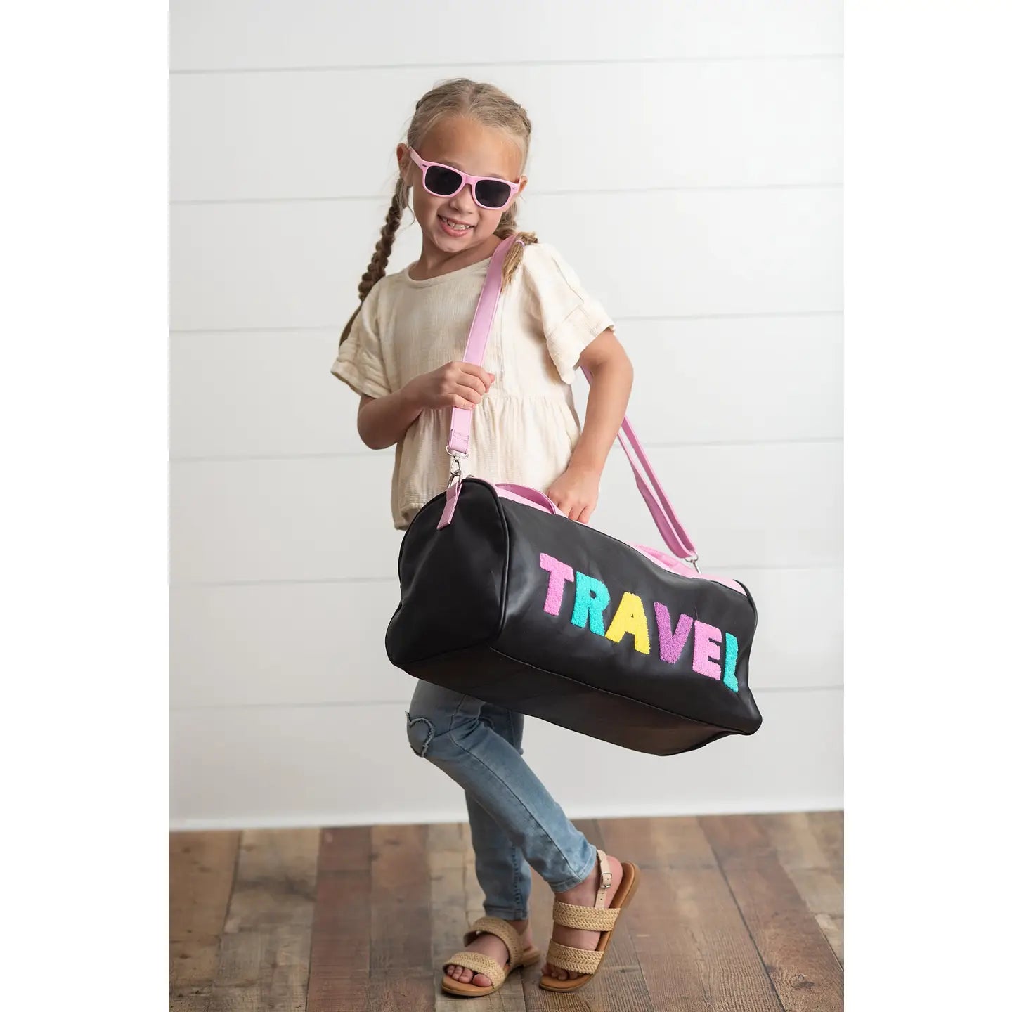 Kids Pink & Black Fuzzy Letter Weekender Travel Bag