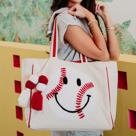 Baseball Oversized Happy Face Tote Bag