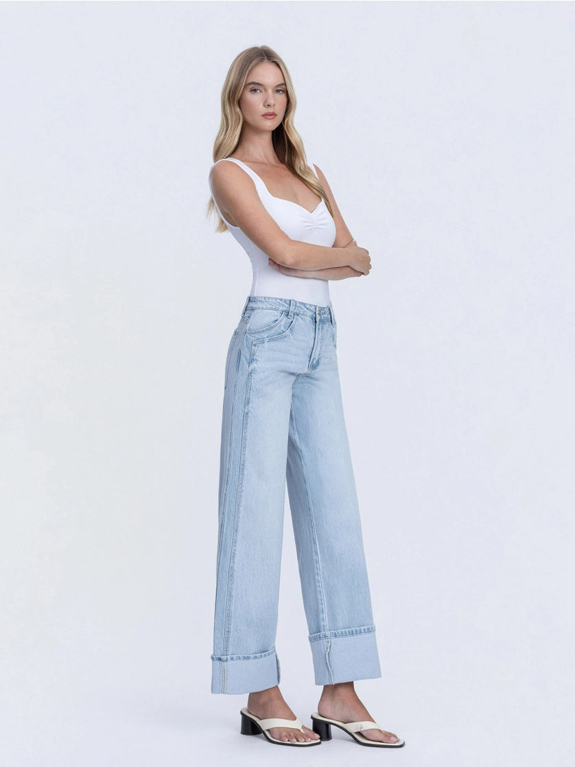 VERVET by FLYING MONKEY Super High Rise Light Wash Cuffed Baggy Wide Jeans