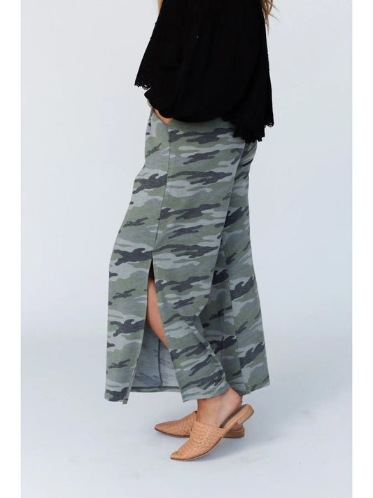 Three Bird Nest Casual Wanderer Wide Leg Slit Pants - Charcoal Camo Pant