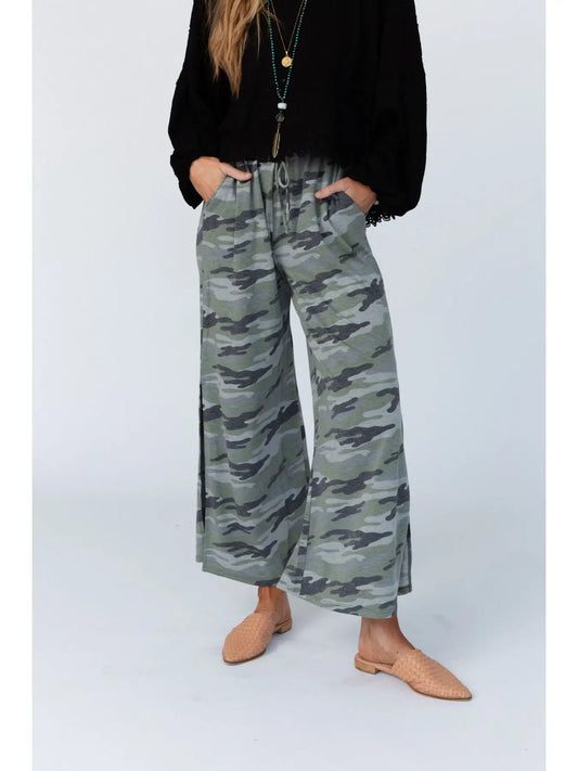 Three Bird Nest Casual Wanderer Wide Leg Slit Pants - Charcoal Camo Pant