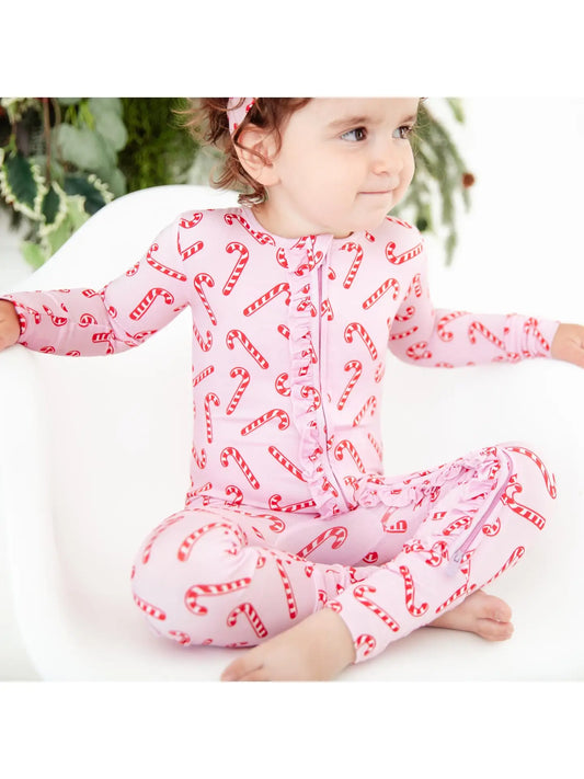 Candy Cane Lane Christmas Bamboo Ruffle Convertible Footie - Pink