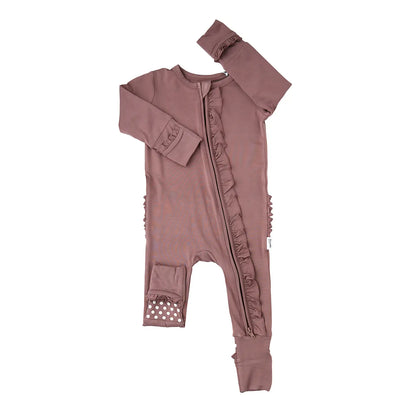 Gigi and Max Mauve Ruffle Zip Bamboo Keepsake Two Way Zipper Baby Outfit