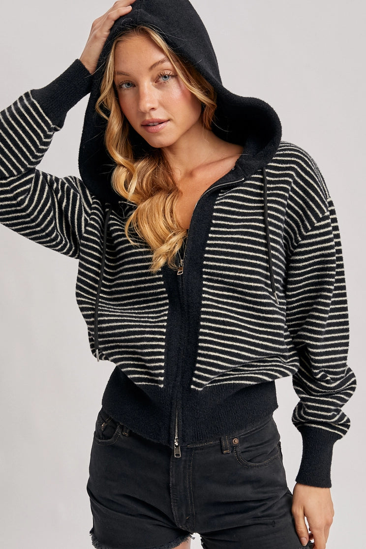 Striped Zipper Front Knit Hoodie Jacket