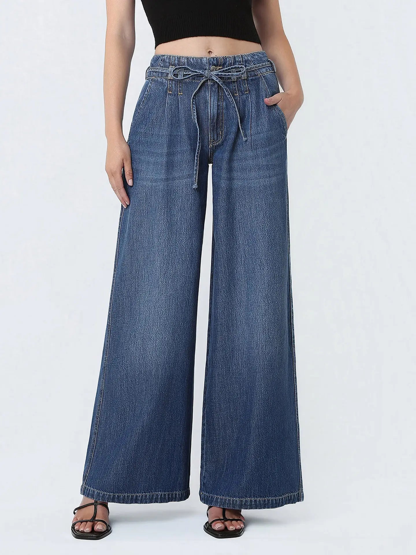 Super High Rise Waist Tie Long Wide Jeans W Pleats