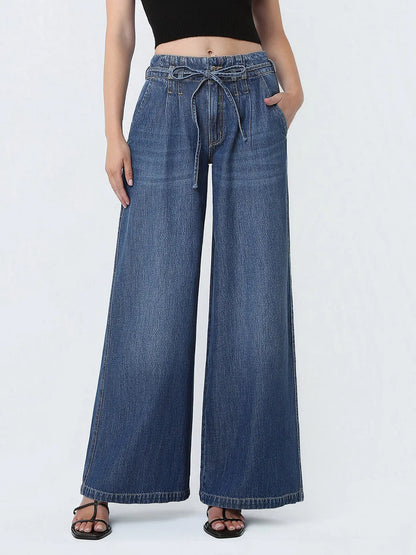 Super High Rise Waist Tie Long Wide Jeans W Pleats