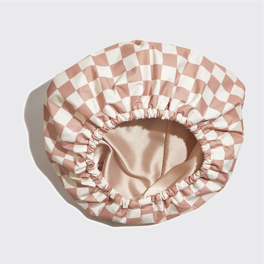 KITSCH Satin Lined Flexi Shower Cap - Terracotta Checker