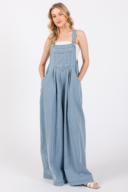 Wide Leg Washed Denim Overalls Jumpsuit