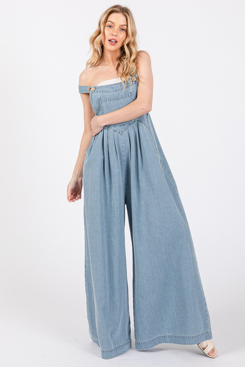 Wide Leg Washed Denim Overalls Jumpsuit