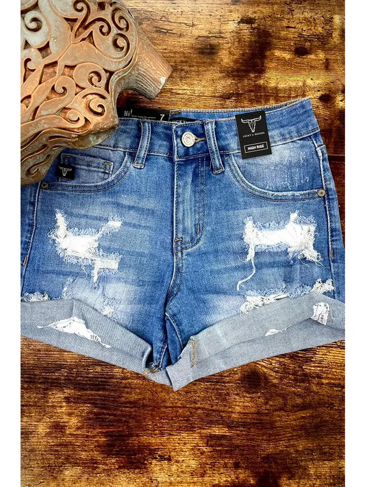 Girls Mid Wash Denim Shorts W Lace Patch Insert