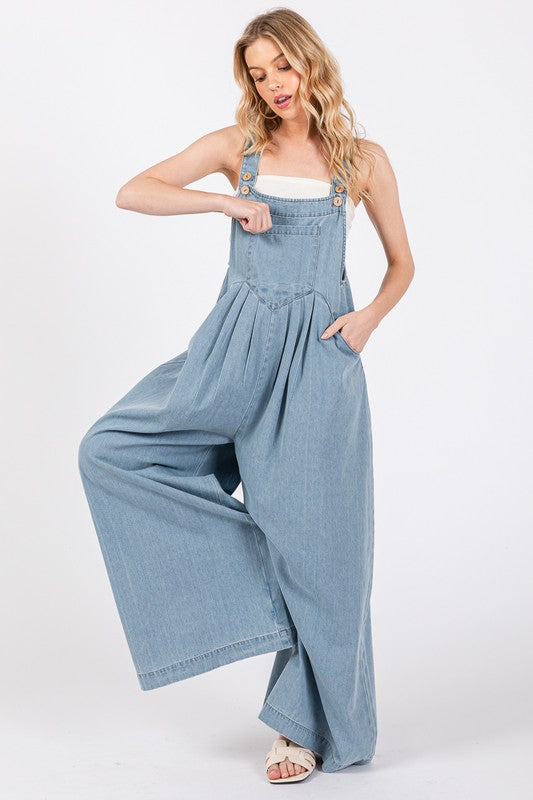 Wide Leg Washed Denim Overalls Jumpsuit