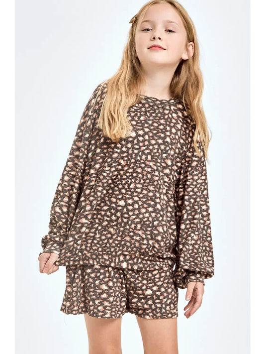 Leopard Print Sweatshirt and Shorts Loungewear Set