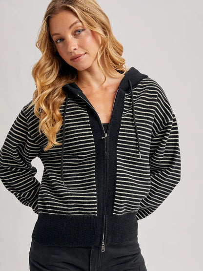 Striped Zipper Front Knit Hoodie Jacket