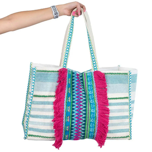 Aqua Blue and Green Striped Fringe Tote Beach Bag