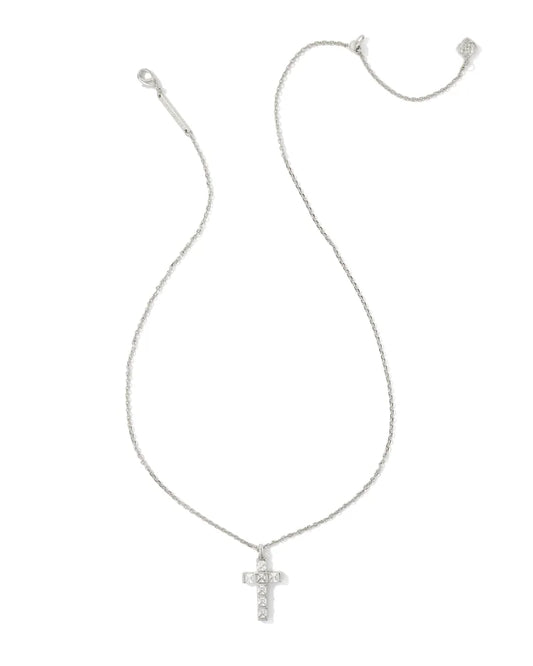 KENDRA SCOTT Gracie Silver Cross Short Pendant Necklace in White Crystal