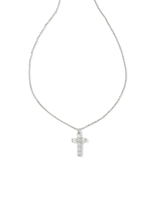 KENDRA SCOTT Gracie Silver Cross Short Pendant Necklace in White Crystal