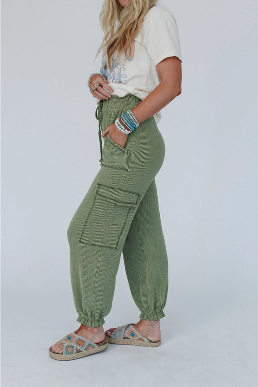 Three Bird Nest So Laid Back Textured Drawstring Pants - Green