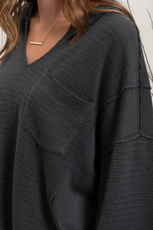 Solid Patchwork Split Neck Knit Top