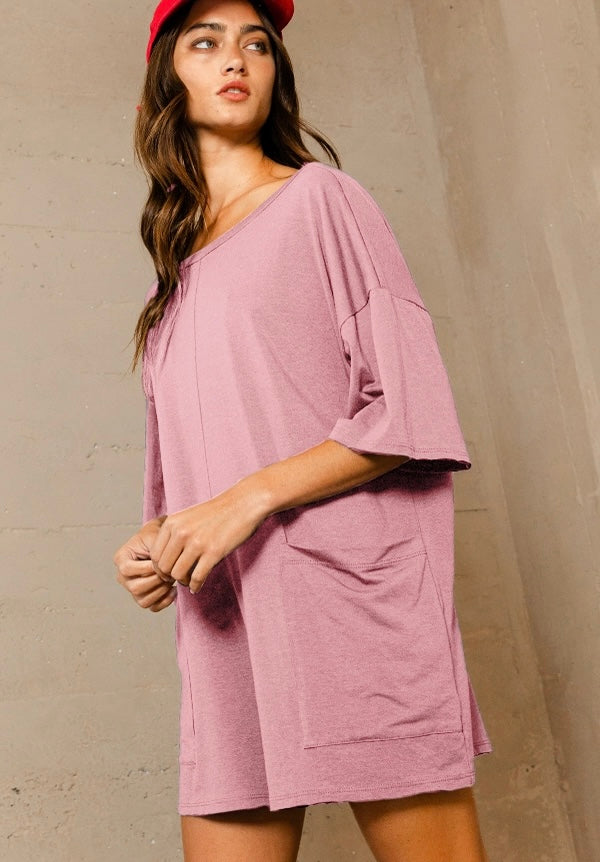 Crew Neckline V-Back Oversized Solid Romper