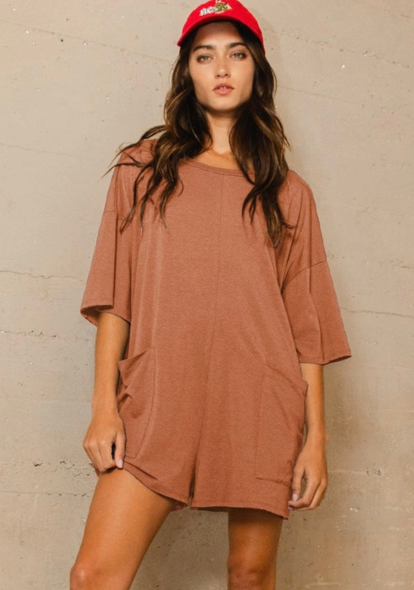 Crew Neckline V-Back Oversized Solid Romper