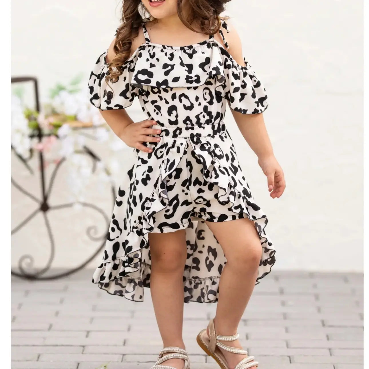 Leopard Print Cold Shoulder Romper Dress w/ Ruffle Detail